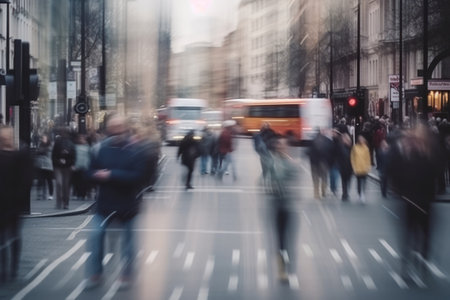 concrete jungle, men and women in crowded street, the motion blur capturing their swift movements. The city skyline.generative AIの素材