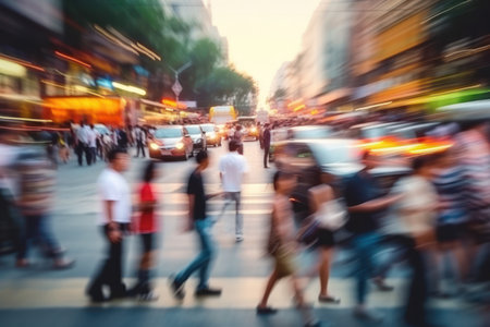 people rush across the street, blurred by the speed of their stride. skyscrapers and heavy traffic create a vibrant backdrop to this urban scene.generative AIの素材