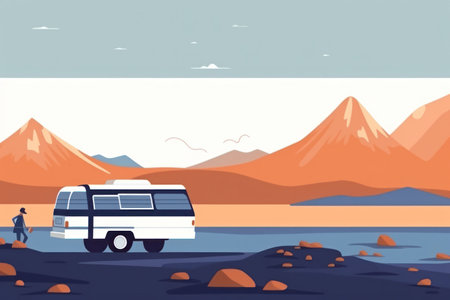 a van parked in a beautiful natural background view with mountains on sunset, family road trip by wheel caravan or rv in highland .generative AIの素材