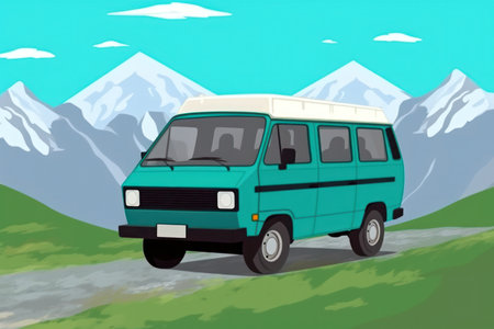 van caravan stands in breathtaking natural backdrop, with majestic mountains, family road trip in the highlands by RV.generative AIの素材