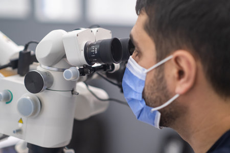 Closeup portrait of bearded dentist in medical mask on face looks in innovative dental microscope to...