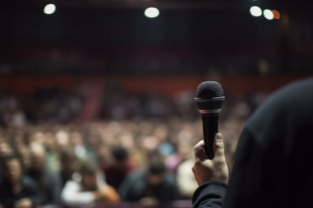 speaker hand with microphone in front of conference hall filled with an enthusiastic crowd, business and entrepreneurship during the dynamic corporate event. generative aiの素材