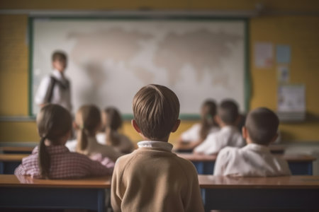 In an elementary school classroom, school kids sits listening to teacher from the back. generative aiの素材