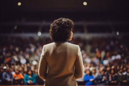 At prestigious Business Conference, the woman speaker on stage on corporate success and entrepreneurship with a diverse audience. generative aiの素材
