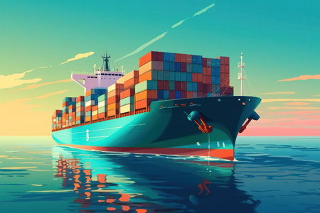 container ship at sea, business logistic and transportation operations, providing a perspective of the vessel in action. generative aiの素材