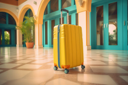 yellow suitcase stands ready in a hotel hall, surrounded by the allure of palm trees and the ambiance of a luxurious resort.generative aiの素材