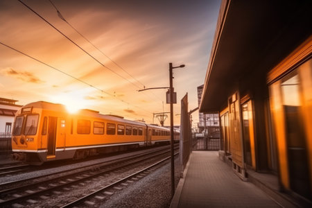 passenger train arriving at city railway station at sunset modern passenger transportation in motion illuminated by yellow sunlight .generative AIの素材