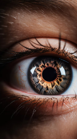 close-up of wide open human eye, macro shot vivid colors of iris and pupil, ophthalmology and eye health . generative aiの素材