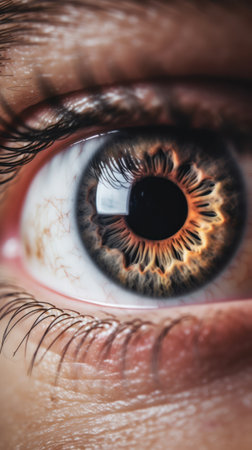 close-up of human brown eye, macro shot vivid colors of iris and pupil, ophthalmology and eye health. vertical. generative aiの素材