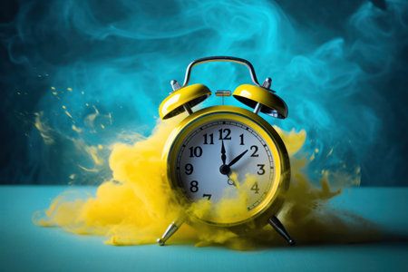 colorful visual representation of time, yellow blue retro alarm clock slowly breaking apart and turning into dust, orange and blue.generative aiの素材