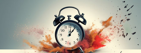 transience of time, retro alarm clock exploding dissolving flurry of dust particles, banner background.generative aiの素材