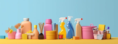 colorful brushes, bottles containing cleaning liquids, sponges and rubber gloves. Cleaning supplies. Illustration banner professional cleaning company service. generative aiの素材