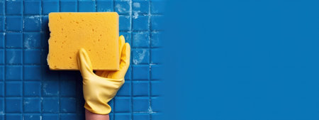 cleaner hand in a rubber glove hold yellow cleaning sponge and wipes blue background, cleaning and the dedication of cleaning services. top-view flat lay, banner. generative aiの素材