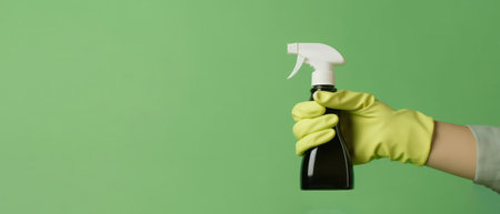 hand of a cleaner holds cleaning detergent spray bottle on green background, house cleaning company banner for housekeeping concepts. generative aiの素材