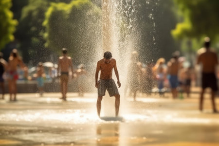 exhausted people cooling with splashes of water in fountain in extreme heat, heatwave in city. Generative aiの素材