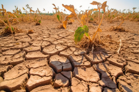 barren agricultural field with cracked ground and lifeless plants serves as a visual representation of the heatflation concept. generative aiの素材