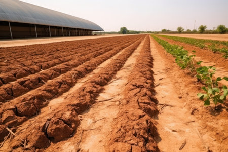 barren agricultural field with empty greenhouse with cracked ground and lifeless plants serves as a visual representation of the heatflation. generative aiの素材
