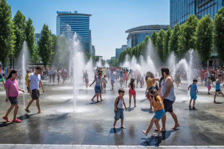 children play and parents cooling with splashes of water in fountain in extreme heat, heatwave in city. Generative aiの素材