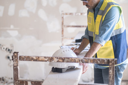 Experienced engineer correcting renovation plan stands near construction safety equipment skilled...