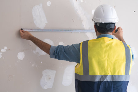 Professional architect in yellow vest puts tape-line to shabby wall to measure distance before socket installation skilled man preparing for renovation process in living roomの写真素材