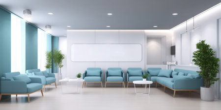 reception of modern medical office hospital interior mock up with blue sofas , generative aiの素材