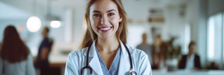 Portrait of smiling female doctor standing in hospital office. Medical and healthcare concept. generative aiの素材