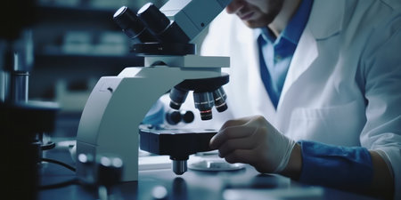 scientist working with microscope in laboratory close up hands, science research and development concept, generative aiの素材