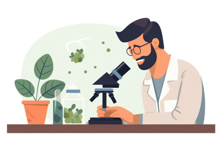 Scientist working with microscope in lab. illustration in flat style, white colors. generative aiの素材