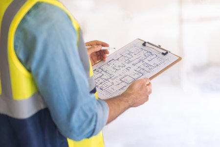 Architect in vest holding pen ready to make notes on apartment drawing on clipboard man in professional uniform editing project plan renovation process in apartmentの写真素材