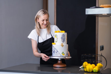 Happy female confectioner looking at finished wedding cake decorated with yellow lemons blonde woman...