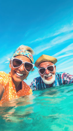 Happy fun seniors in stylish sunglasses taking selfies while swimming in turquoise sea water cheerful friends posing for photo against bright blue sky on vacation trip .generative AIの素材