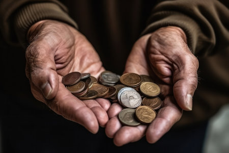 Wrinkled hands of senior man showing heap of coins on palms on dark background poverty and low pension deductions concept pensioner saving money .generative AIの素材