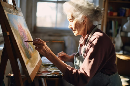 Concentrated senior woman with grey hair painting on canvas with brush in art studio elderly lady enjoying new hobby developing creative skills .generative AIの素材