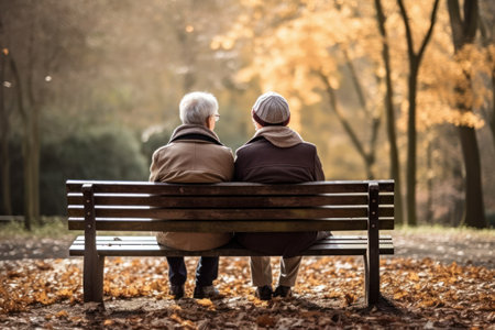 Grey-haired seniors enjoying sunny weather relaxing on wooden bench in autumn park elderly man and woman looking at trees with yellowed leaves at sunlight backside view .generative AIの素材