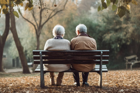 Serene grey-haired seniors savor the sunny weather, seated on a wooden bench in an autumn park, gazing at the golden leaves and sunlight from a backside view.generative AIの素材