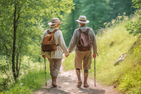 Positive seniors with backpacks enjoy hiking on lush hill slope in highlands, captivated by forested mountains and flowing river.generative AIの素材
