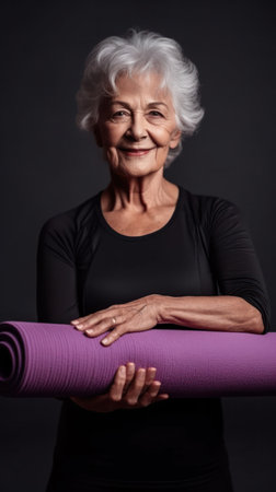 With a contagious smile, a senior woman finds solace in a yoga pose alongside other active pensioners, their shared studio fostering a sense of well-being.generative AIの素材