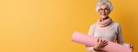 Positive senior woman with grey haircut holding yoga mat in hands looking in camera and smiling elderly lady in yellow background, banner .generative AIの素材