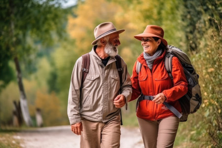 Backpack seniors wearing hats traverse a green hill slope in the highlands, relishing their joint hiking experience.generative AIの素材