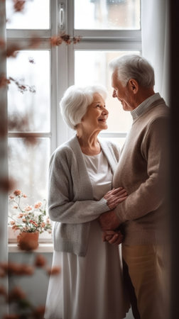 Smiling African seniors, enjoy a blissful moment, radiating happiness and love through their cheerful expressions at home.generative AIの素材