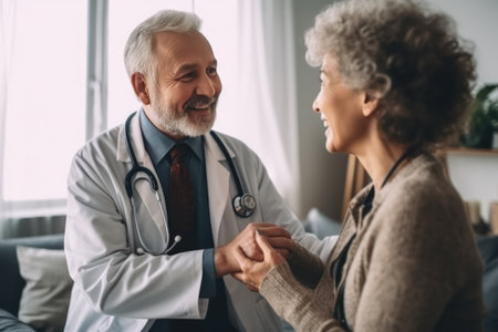 senior woman and doctor in glasses holding hand health visitor with stethoscope at home for checkup of elderly patient .generative AIの素材