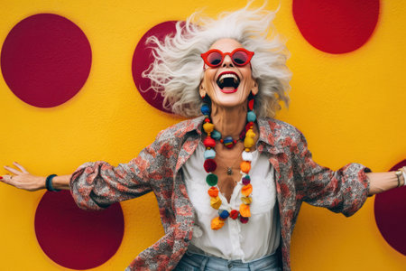 crazy funny senior lady, stylishly accessorized, opens her arms wide with laughter, wearing sunglasses, colorful background. generative AIの素材