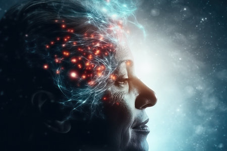 neural network of senior woman brain signifies the challenges of dementia, human brain diseases, and mental disorders. .generative AIの素材