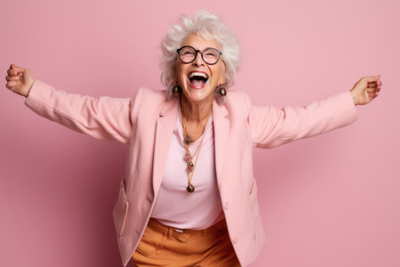 With a contagious laughter, a stylishly adorned lady spreads her arms wide, donning sunglasses and a hat, radiating pure joy on a lively pink backdrop, generative AIの素材