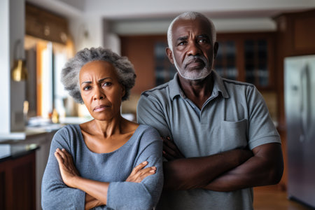 Frustrated african american senior couple looking in camera serious feeling upset after facing relationship conflict .generative AIの素材