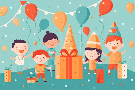 Festive illustration of excited children ready to open present boxes standing under flying colorful balloons happy kids celebrating birthday of friend .generative AIの素材