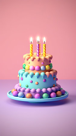Celebrate in style with a scrumptious and eye-catching birthday cake, complete with a candle, against a backdrop of festive party elements..with copy space .generative AIの素材