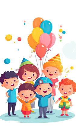 Illustration kids with colorful balloons ambiance of their birthday party on white background. banner.generative AIの素材