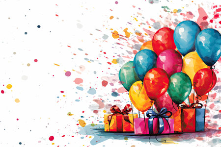 A festive birthday backdrop featuring gift boxes and colorful balloons, providing room for celebration, watercolor paint illustration.generative AIの素材