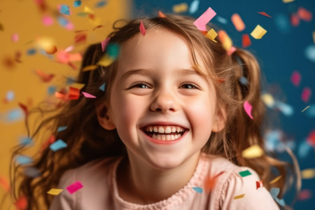The birthday girl laughter rings out as she dances and plays amidst the shower of colorful confetti..generative AIの素材